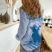 Personalised Hawaii Monk Seal Women Casual Shirt Polynesian Tattoo With Tropical Flowers - Blue Pastel LT14 - Polynesian Pride