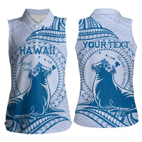 Personalised Hawaii Monk Seal Women Sleeveless Polo Shirt Polynesian Tattoo With Tropical Flowers - Blue Pastel LT14 - Polynesian Pride