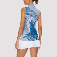 Personalised Hawaii Monk Seal Women Sleeveless Polo Shirt Polynesian Tattoo With Tropical Flowers - Blue Pastel LT14 - Polynesian Pride