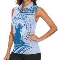 Personalised Hawaii Monk Seal Women Sleeveless Polo Shirt Polynesian Tattoo With Tropical Flowers - Blue Pastel LT14 - Polynesian Pride