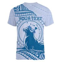 Personalised Hawaii Monk Seal Women V-Neck T-Shirt Polynesian Tattoo With Tropical Flowers - Blue Pastel LT14 - Polynesian Pride