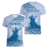 Personalised Hawaii Monk Seal Women V-Neck T-Shirt Polynesian Tattoo With Tropical Flowers - Blue Pastel LT14 - Polynesian Pride