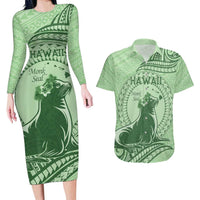 Personalised Hawaii Monk Seal Couples Matching Long Sleeve Bodycon Dress and Hawaiian Shirt Polynesian Tattoo With Tropical Flowers - Green Pastel LT14 Green - Polynesian Pride