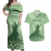 Personalised Hawaii Monk Seal Couples Matching Off Shoulder Maxi Dress and Hawaiian Shirt Polynesian Tattoo With Tropical Flowers - Green Pastel LT14 Green - Polynesian Pride