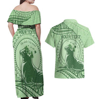 Personalised Hawaii Monk Seal Couples Matching Off Shoulder Maxi Dress and Hawaiian Shirt Polynesian Tattoo With Tropical Flowers - Green Pastel LT14 - Polynesian Pride