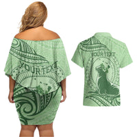 Personalised Hawaii Monk Seal Couples Matching Off Shoulder Short Dress and Hawaiian Shirt Polynesian Tattoo With Tropical Flowers - Green Pastel