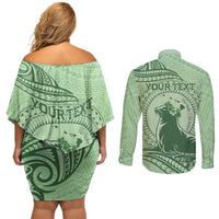 Personalised Hawaii Monk Seal Couples Matching Off Shoulder Short Dress and Long Sleeve Button Shirt Polynesian Tattoo With Tropical Flowers - Green Pastel