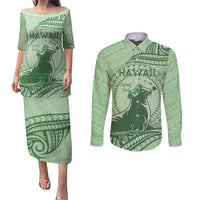 Personalised Hawaii Monk Seal Couples Matching Puletasi and Long Sleeve Button Shirt Polynesian Tattoo With Tropical Flowers - Green Pastel LT14 Green - Polynesian Pride