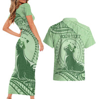 Personalised Hawaii Monk Seal Couples Matching Short Sleeve Bodycon Dress and Hawaiian Shirt Polynesian Tattoo With Tropical Flowers - Green Pastel LT14 - Polynesian Pride