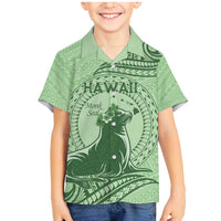Personalised Hawaii Monk Seal Family Matching Mermaid Dress and Hawaiian Shirt Polynesian Tattoo With Tropical Flowers - Green Pastel LT14 Son's Shirt Green - Polynesian Pride