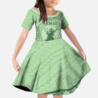 Personalised Hawaii Monk Seal Family Matching Off Shoulder Maxi Dress and Hawaiian Shirt Polynesian Tattoo With Tropical Flowers - Green Pastel LT14 Daughter's Dress Green - Polynesian Pride