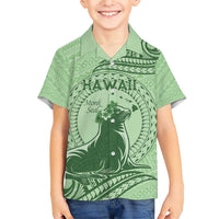 Personalised Hawaii Monk Seal Family Matching Short Sleeve Bodycon Dress and Hawaiian Shirt Polynesian Tattoo With Tropical Flowers - Green Pastel