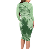 Personalised Hawaii Monk Seal Long Sleeve Bodycon Dress Polynesian Tattoo With Tropical Flowers - Green Pastel LT14 - Polynesian Pride