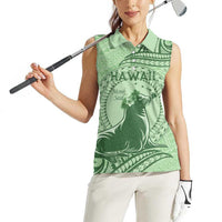 Personalised Hawaii Monk Seal Women Sleeveless Polo Shirt Polynesian Tattoo With Tropical Flowers - Green Pastel LT14 - Polynesian Pride