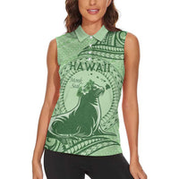 Personalised Hawaii Monk Seal Women Sleeveless Polo Shirt Polynesian Tattoo With Tropical Flowers - Green Pastel LT14 - Polynesian Pride