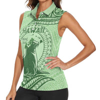 Personalised Hawaii Monk Seal Women Sleeveless Polo Shirt Polynesian Tattoo With Tropical Flowers - Green Pastel LT14 - Polynesian Pride