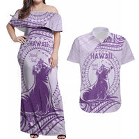 Personalised Hawaii Monk Seal Couples Matching Off Shoulder Maxi Dress and Hawaiian Shirt Polynesian Tattoo With Tropical Flowers - Purple Pastel LT14 Purple - Polynesian Pride