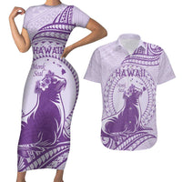 Personalised Hawaii Monk Seal Couples Matching Short Sleeve Bodycon Dress and Hawaiian Shirt Polynesian Tattoo With Tropical Flowers - Purple Pastel LT14 Purple - Polynesian Pride