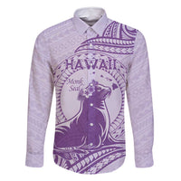 Personalised Hawaii Monk Seal Family Matching Mermaid Dress and Hawaiian Shirt Polynesian Tattoo With Tropical Flowers - Purple Pastel LT14 Dad's Shirt - Long Sleeve Purple - Polynesian Pride