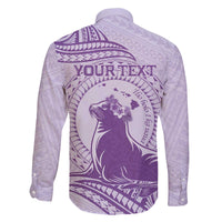 Personalised Hawaii Monk Seal Family Matching Off Shoulder Short Dress and Hawaiian Shirt Polynesian Tattoo With Tropical Flowers - Purple Pastel