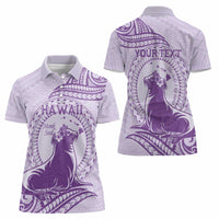 Personalised Hawaii Monk Seal Women Polo Shirt Polynesian Tattoo With Tropical Flowers - Purple Pastel