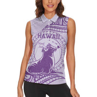 Personalised Hawaii Monk Seal Women Sleeveless Polo Shirt Polynesian Tattoo With Tropical Flowers - Purple Pastel LT14 - Polynesian Pride