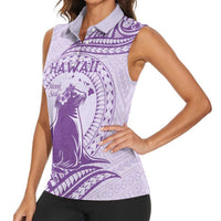 Personalised Hawaii Monk Seal Women Sleeveless Polo Shirt Polynesian Tattoo With Tropical Flowers - Purple Pastel LT14 - Polynesian Pride