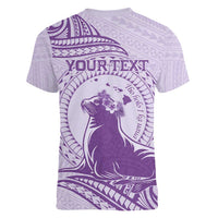 Personalised Hawaii Monk Seal Women V-Neck T-Shirt Polynesian Tattoo With Tropical Flowers - Purple Pastel LT14 - Polynesian Pride