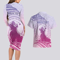 Personalised Hawaii Monk Seal Couples Matching Long Sleeve Bodycon Dress and Hawaiian Shirt Polynesian Tattoo With Tropical Flowers - Purple Gradient LT14 - Polynesian Pride