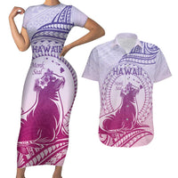 Personalised Hawaii Monk Seal Couples Matching Short Sleeve Bodycon Dress and Hawaiian Shirt Polynesian Tattoo With Tropical Flowers - Purple Gradient LT14 Purple - Polynesian Pride