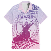Personalised Hawaii Monk Seal Family Matching Off Shoulder Maxi Dress and Hawaiian Shirt Polynesian Tattoo With Tropical Flowers - Purple Gradient LT14 Dad's Shirt - Short Sleeve Purple - Polynesian Pride