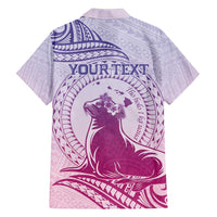Personalised Hawaii Monk Seal Family Matching Off Shoulder Maxi Dress and Hawaiian Shirt Polynesian Tattoo With Tropical Flowers - Purple Gradient LT14 - Polynesian Pride