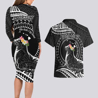 Personalised Hawaii Monk Seal Couples Matching Long Sleeve Bodycon Dress and Hawaiian Shirt Polynesian Tattoo With Tropical Flowers - Black LT14 - Polynesian Pride