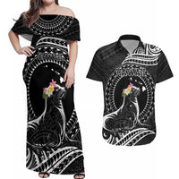 Personalised Hawaii Monk Seal Couples Matching Off Shoulder Maxi Dress and Hawaiian Shirt Polynesian Tattoo With Tropical Flowers - Black LT14 Black - Polynesian Pride
