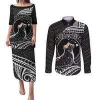 Personalised Hawaii Monk Seal Couples Matching Puletasi and Long Sleeve Button Shirt Polynesian Tattoo With Tropical Flowers - Black LT14 Black - Polynesian Pride