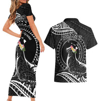 Personalised Hawaii Monk Seal Couples Matching Short Sleeve Bodycon Dress and Hawaiian Shirt Polynesian Tattoo With Tropical Flowers - Black LT14 - Polynesian Pride
