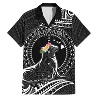 Personalised Hawaii Monk Seal Family Matching Mermaid Dress and Hawaiian Shirt Polynesian Tattoo With Tropical Flowers - Black LT14 Dad's Shirt - Short Sleeve Black - Polynesian Pride