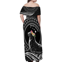 Personalised Hawaii Monk Seal Family Matching Off Shoulder Maxi Dress and Hawaiian Shirt Polynesian Tattoo With Tropical Flowers - Black LT14 - Polynesian Pride