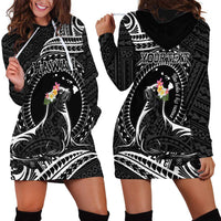 Personalised Hawaii Monk Seal Hoodie Dress Polynesian Tattoo With Tropical Flowers - Black LT14 - Polynesian Pride