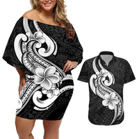 Polynesia Couples Matching Off Shoulder Short Dress and Hawaiian Shirt Plumeria With Tribal Pattern Black Vibes LT14 Black - Polynesian Pride