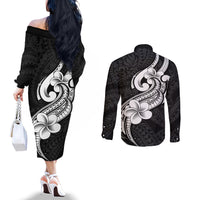 Polynesia Couples Matching Off The Shoulder Long Sleeve Dress and Long Sleeve Button Shirts Plumeria With Tribal Pattern Black Vibes LT14 - Polynesian Pride