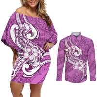 Polynesia Couples Matching Off Shoulder Short Dress and Long Sleeve Button Shirts Plumeria With Tribal Pattern Pink Pastel Vibes LT14 Pink - Polynesian Pride