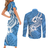 Polynesia Couples Matching Short Sleeve Bodycon Dress and Long Sleeve Button Shirts Plumeria With Tribal Pattern Blue Pastel Vibes LT14 - Polynesian Pride