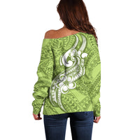 Polynesia Off Shoulder Sweater Plumeria With Tribal Pattern Green Pastel Vibes LT14 - Polynesian Pride