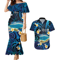 French Polynesia Tetiaroa Atoll Couples Matching Mermaid Dress and Hawaiian Shirt Polynesian Curves Style LT14 Blue - Polynesian Pride