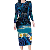 French Polynesia Tetiaroa Atoll Family Matching Long Sleeve Bodycon Dress and Hawaiian Shirt Polynesian Curves Style LT14 Mom's Dress Blue - Polynesian Pride