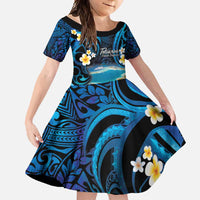 French Polynesia Tetiaroa Atoll Family Matching Short Sleeve Bodycon Dress and Hawaiian Shirt Polynesian Curves Style LT14 Daughter's Dress Blue - Polynesian Pride