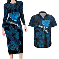 Personalised Tahiti Moorea Atoll Couples Matching Long Sleeve Bodycon Dress and Hawaiian Shirt Polynesian Sea Turtle LT14 Blue - Polynesian Pride