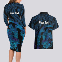 Personalised Tahiti Moorea Atoll Couples Matching Long Sleeve Bodycon Dress and Hawaiian Shirt Polynesian Sea Turtle LT14 - Polynesian Pride
