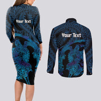 Personalised Tahiti Moorea Atoll Couples Matching Long Sleeve Bodycon Dress and Long Sleeve Button Shirt Polynesian Sea Turtle LT14 - Polynesian Pride